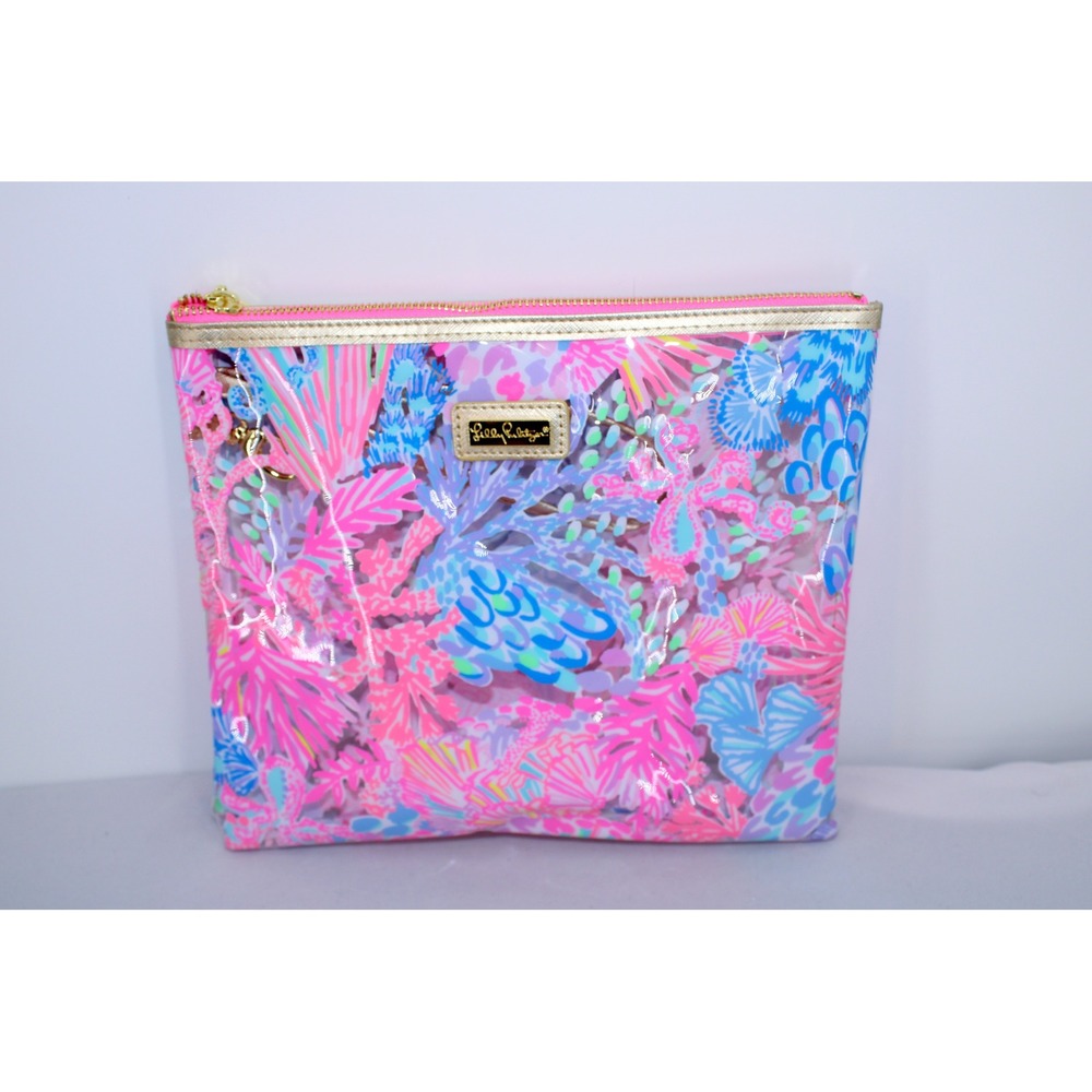 Lilly Pulitzer Pink Blue Coral Reef Clear Vinyl Cosmetic Makeup Pouch Bag